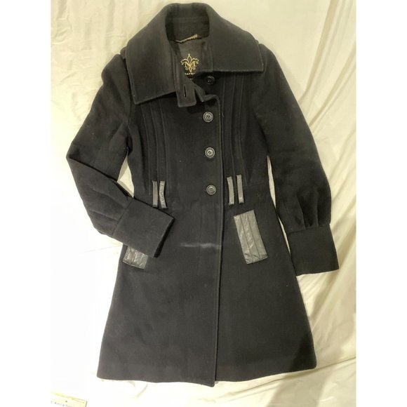 Mackage Womens Wool cashmere High Collar leather Trench Coat Black XS, no belt - Picture 5 of 16